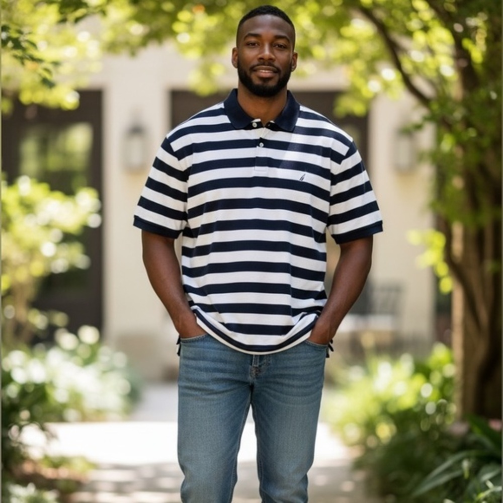 New with tag Nautica Men's Navy and White nautical Striped Collar Polo Shirt 3Xl
